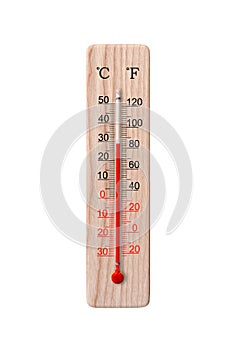 Wooden celsius and fahrenheit scale thermometer isolated on a white background. Ambient temperature plus 29