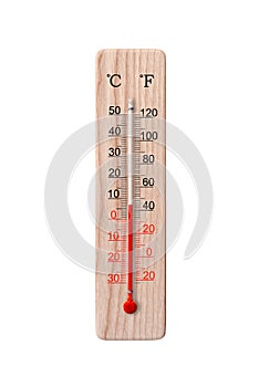Wooden celsius and fahrenheit scale thermometer isolated on a white background. Ambient temperature plus 7