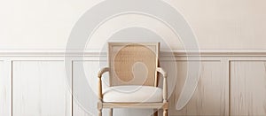 Wooden chair against white wall, adding warmth to the room