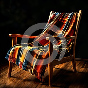 Wooden chair with colorful blanket draped over it