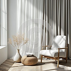 Wooden chair, cushion, teak wood side table in sunlight from lace pattern fabric curtain drape, window. Minimalistic