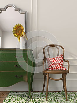 Wooden chair and green chest of drawers