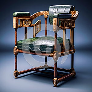 A wooden chair with a green leather seat and a high back The chair is sitting on isolated black room