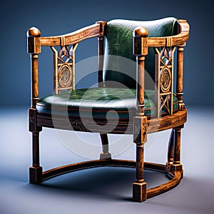 A wooden chair with a green leather seat and a high back sitting on a wooden floor