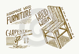 Wooden chair label for Workshop or signboard. Vintage logo, Badges for typography or t-shirts. Hand Drawn engrave sketch