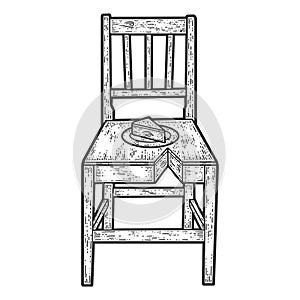 Wooden chair like cake. Sketch scratch board imitation. Black and white.