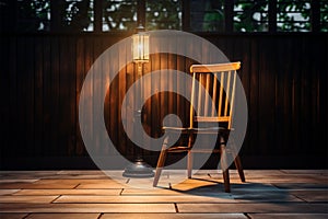 Wooden chair, a seat of reprieve against a soothing, blurred backdrop photo