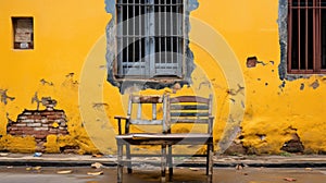 A wooden chair sitting in front of a yellow wall. Generative AI image.