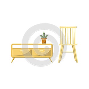 Wooden Chair and Table Flat Illustration. Clean Icon Design Element on Isolated White Background