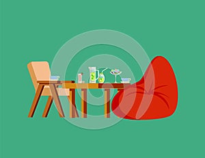 Wooden Chair, Table, Soft Bag, Fresh Drink Vector