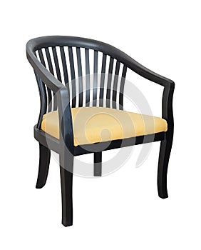 wooden chair with yellow fabric seat isolated on white