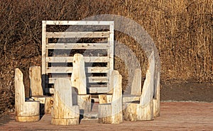 wooden chairs around bonfire for tourists, Kamchatka Peninsula