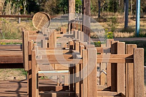 Wooden chairs arranged on the table.