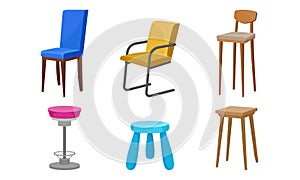 Wooden Chairs and Bar Stools of Different Color Vector Set