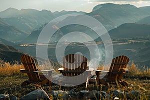 Wooden chairs near the bonfire on mountain meadow in sunset