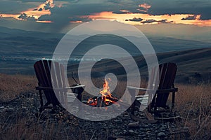 Wooden chairs near the bonfire on mountain meadow in sunset