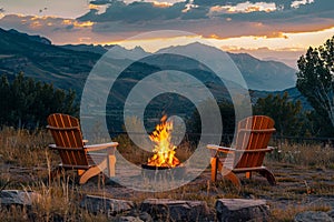Wooden chairs near the bonfire on mountain meadow in sunset