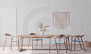 Wooden chairs and table on white background,  Scandinavian interior design.