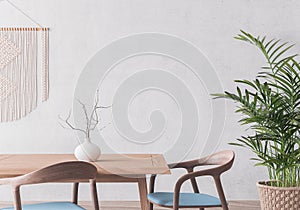 Wooden chairs and table on white background,  Scandinavian interior design.