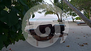 Wooden chaise lounges under a palm tree on a tropical beach. Maldives