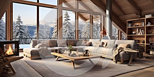 Wooden chalet with modern furniture. Interior design of modern living room