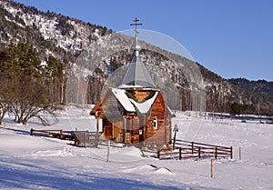 Wooden chapel in the Altai mountains