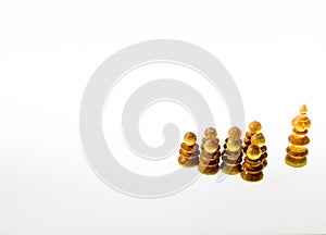 Wooden chess pieces against white background