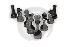 Wooden chess pieces. The black king and Queen, surrounded by their large retinue