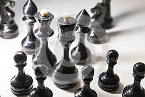 Wooden chess pieces. The black king and Queen, surrounded by their large retinue