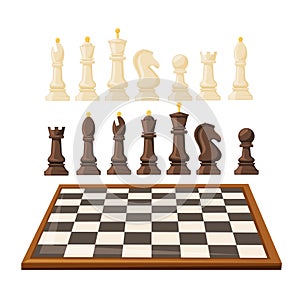 Wooden Chessboard with Chess Pieces as Chess or Strategy Board Game Vector Set