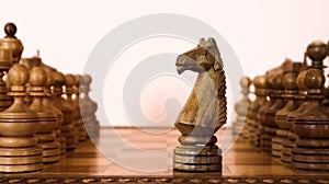 Wooden chessboard with wooden brown chess pieces