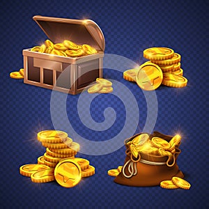 Wooden chest and big old bag with gold coins, money stack