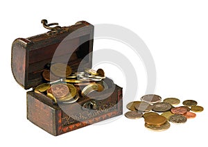 Wooden chest with coins