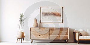 Wooden chest of drawers and art poster on white wall. Interior design of modern rustic living room