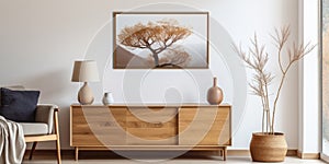 Wooden chest of drawers and art poster on white wall. Interior design of modern rustic living room