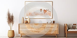 Wooden chest of drawers and art poster on white wall. Interior design of modern rustic living room