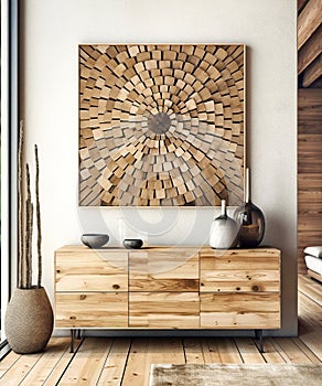 Wooden chest of drawers and art poster on white wall. Interior design of modern rustic living room. Created with generative AI