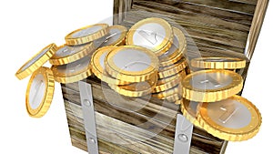 Wooden chest full of coins isolated