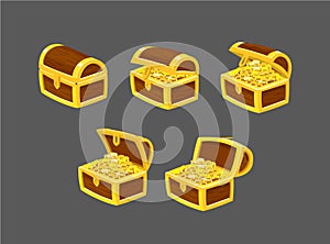 Wooden chest with gold coins with an opening lid. For time-lapse animation. 5 frames. Vector illustration.