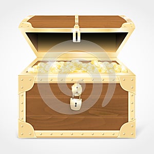 Wooden chest with gold fittings and glowing golden coins inside