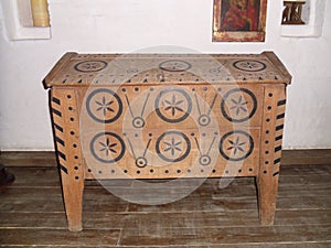 A wooden chest in the interior