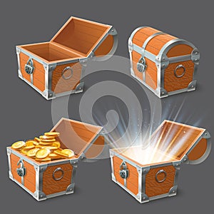 Wooden chest. Treasure coffer, old shiny gold case and lock closed or open empty chests 3d vector illustration set