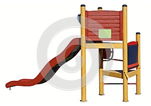 Wooden  children`s  slide  hill and lodge on the rural playground isolated