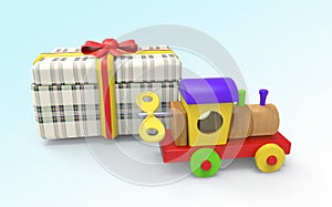 Wooden children`s train and gift box 3d render