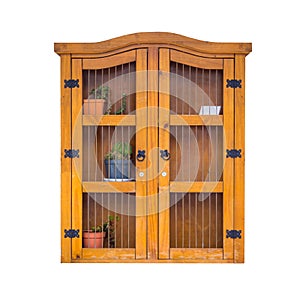 Wooden Chinese cabinet with flower pots in it isolated on a white background