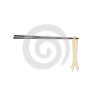 Wooden chopsticks in black design holding noodles