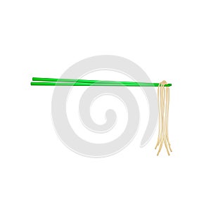 Wooden chopsticks in green design holding noodles