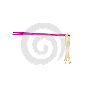 Wooden chopsticks in pink design holding noodles