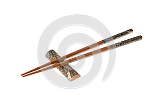 Wooden chopsticks with temple theme ornamentation