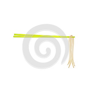 Wooden chopsticks in yellow design holding noodles